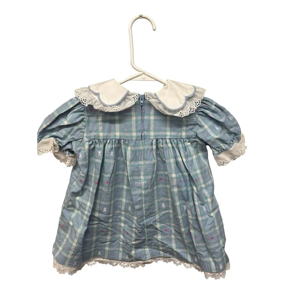 Vintage Good Lad Blue Plaid Embroidered Bunny Dress Baby Girl 18 Mo Lace Easter